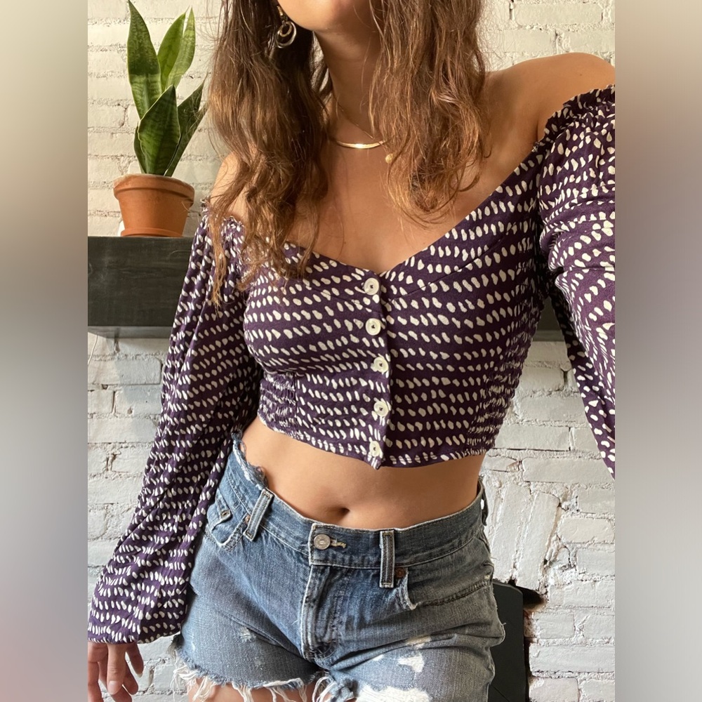 Purple Polka Dot Off-the-Shoulder Blouse